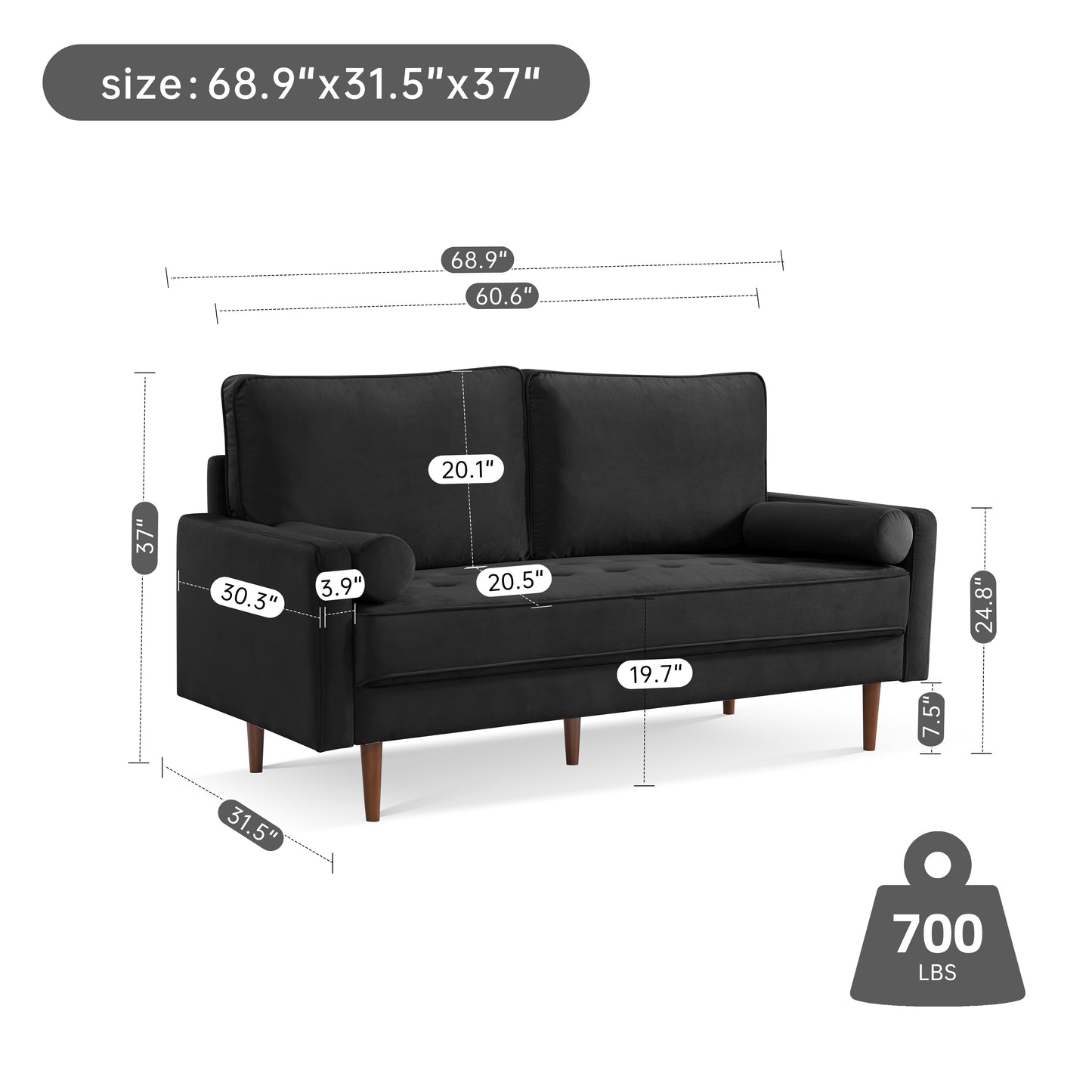Dixie 69" Upholstered Square Arm Velvet Loveseat