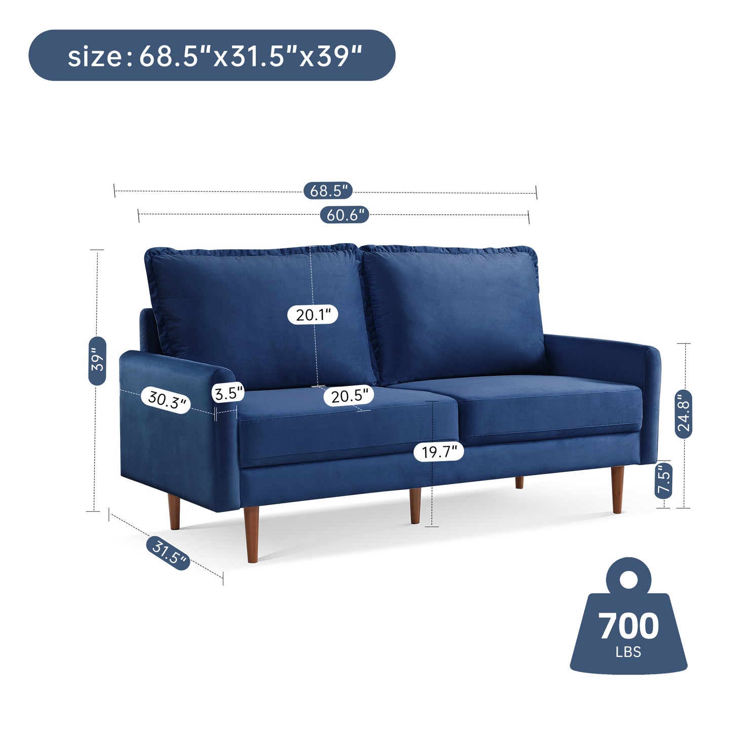 Zephyr 69" Upholstered Velvet Cambered Arm Sofa
