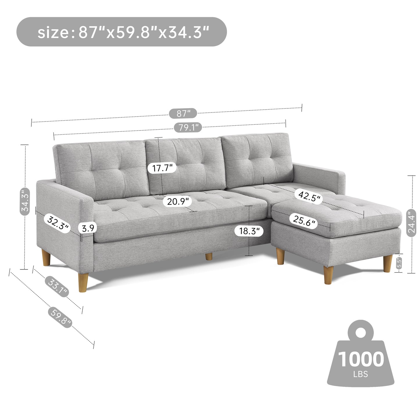 Stagecoach 87" 2 Piece Upholstered Tufted Reversible Sectional with Ottoman